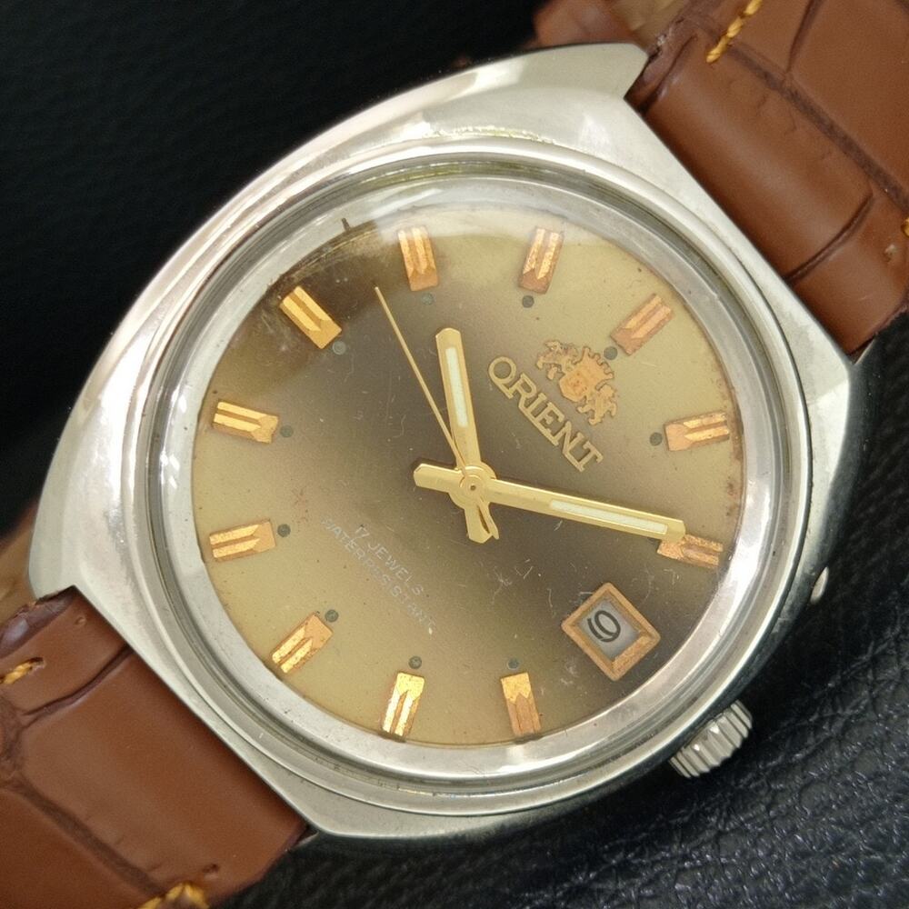 Vintage 1982 Orient Automatic Mens Silver Watch W/daydate & Brown accents